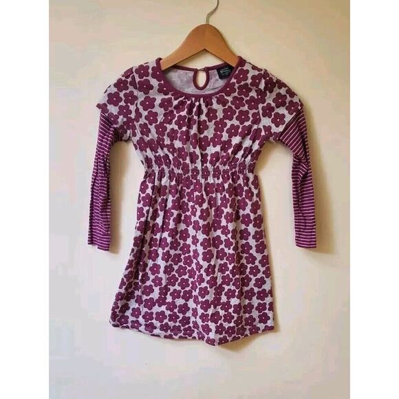 Mini Boden Girls Purple and Grey Flower Pattern Dress w/Striped Sleeves Sz 7-8Y - Picture 1 of 8